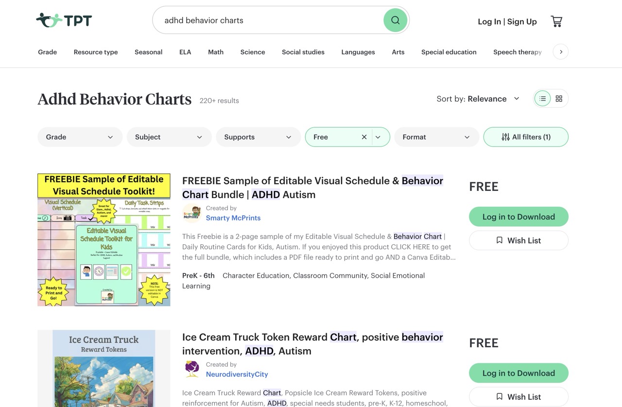 teachers pay teachers free adhd behavior charts screenshot